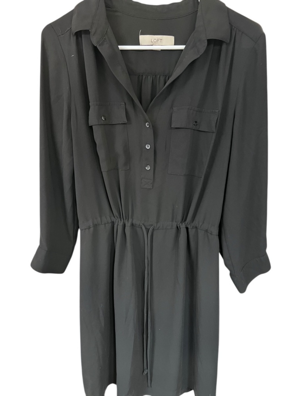 LOFT Black Long Sleeve Drawstring Shirt Dress